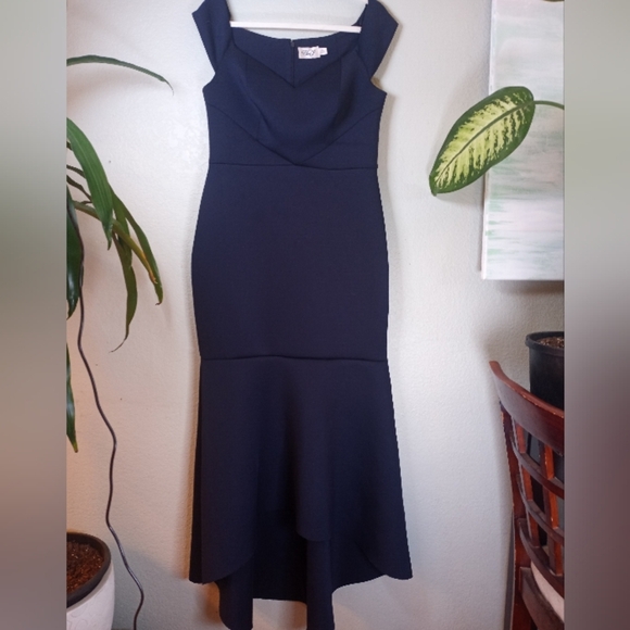 Eliza J Navy Sweetheart Neckline Off Shoulder High Low Mermaid Form Fitting Gown - Picture 3 of 10